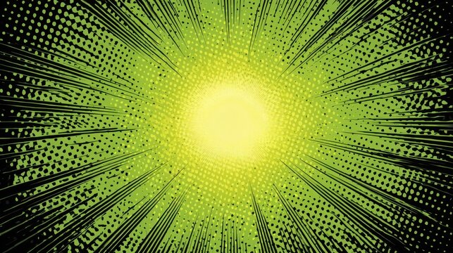 Green Comic Book Speed Lines Background with Halftone Pattern and Bright Yellow Sunburst Explosion