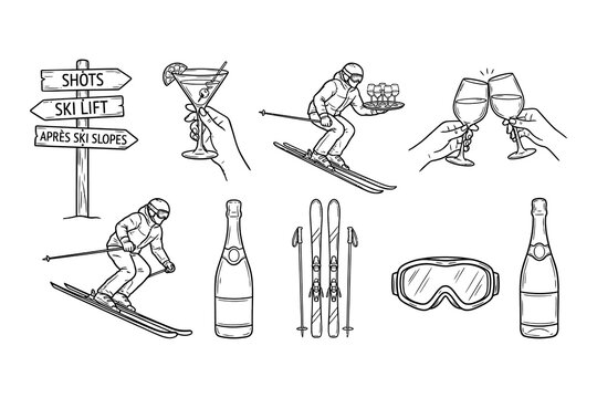 Winter sports ski resort doodle elements set with skiers and beverages skiing doodle equipment skier illustration lift cocktail glass champagne bottle goggles winter vacation