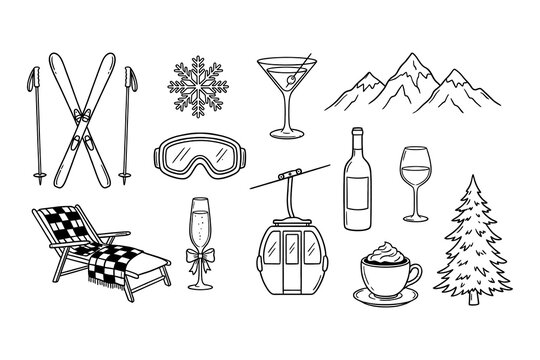 Ski vacation and winter mountain resort doodle set with gondola and drinks gondola lift ski poles goggles wine bottle wine glass hot beverage sketch set hand drawn outline vector