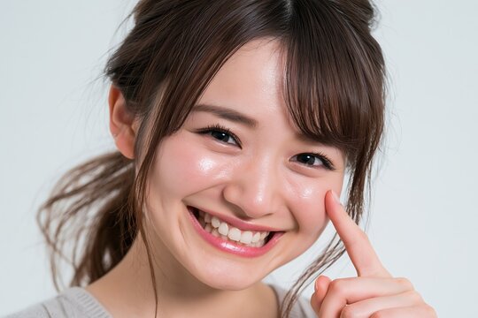 輝く笑顔と透明感ある肌の日本人女性が頬を指差す美容イメージ