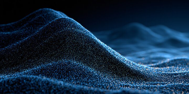 Abstract digital landscape with blue glowing particles and waves symbolizing data flow and technology