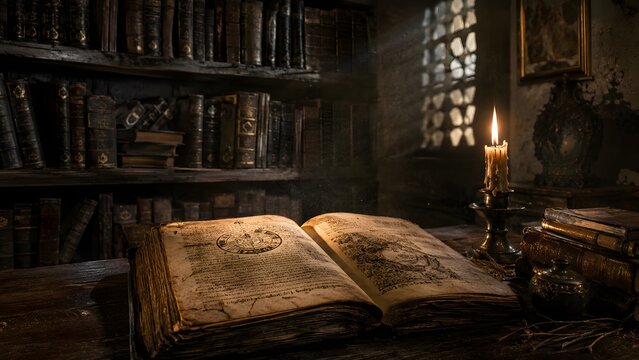 An open antique book rests on a wooden table in a dimly lit historic study