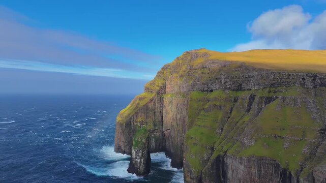 Aerial View of Asmundarstakkur Sea Stack and Nor&eth;berg Cliff in Faroe Islands