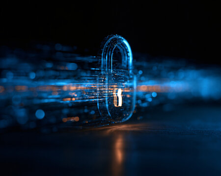 Conceptual visualization of digital cybersecurity protecting data streams with a luminous padlock symbol in a high tech virtual environment