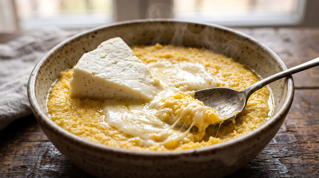 Spoonful of Hot Georgian Gomi Cornmeal Porridge with Melting Sulguni Cheese Wedge in Ceramic Bowl Close-Up