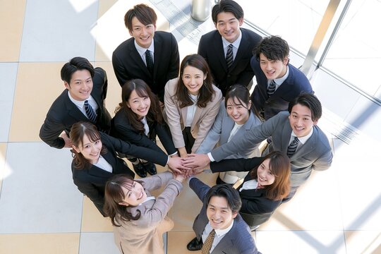 笑顔で協力し合う日本人ビジネスパーソンの円陣と一体感