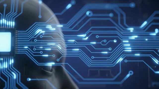 Futuristic humanoid robot head featuring a glowing blue microprocessor and intricate electronic circuit board lines.