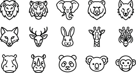 Naklejka premium Collection of various wild animal head icons in a simple black and white line art style
