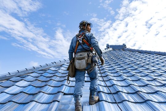 瓦屋根の安全点検を行う建設作業員日中の青空