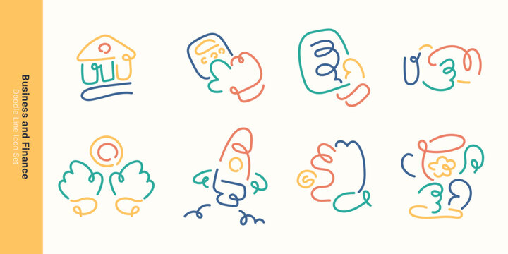 Business and finance investment concepts. Minimal doodle line icon set featuring bank building, calculator, document contract, rocket launch, and trophy award.