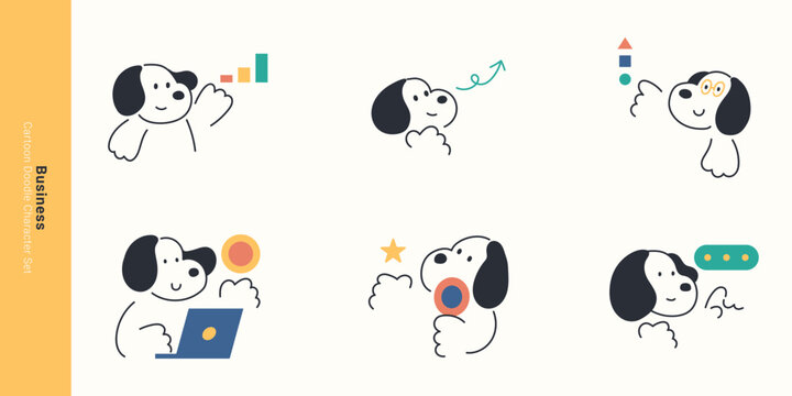 Business and finance concepts with cute dog. Cute doodle line dog characters analyzing charts, working on laptop, presenting data, and celebrating success.