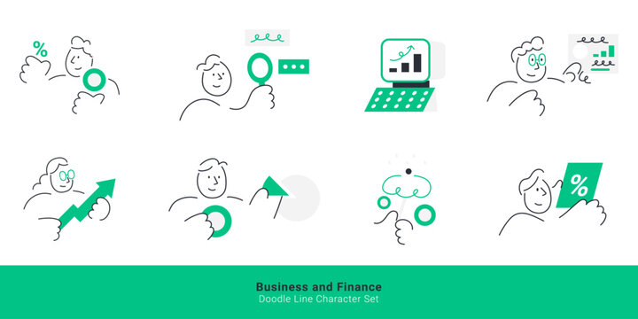 Business and finance data analysis concepts. Doodle line characters holding magnifying glass, analyzing charts, holding growth arrow, presenting pie chart, and percentage discount.