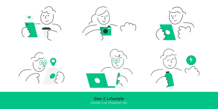 Gen Z lifestyle and digital native concepts. Doodle line characters using smartphone, taking photo with camera, checking map location, working on laptop, and holding drink.