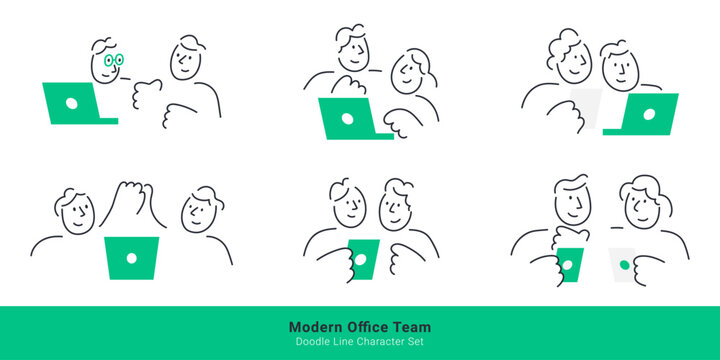 Modern office team collaboration concepts. Doodle line characters working together on laptops, high-fiving, discussing documents, and using smartphones.