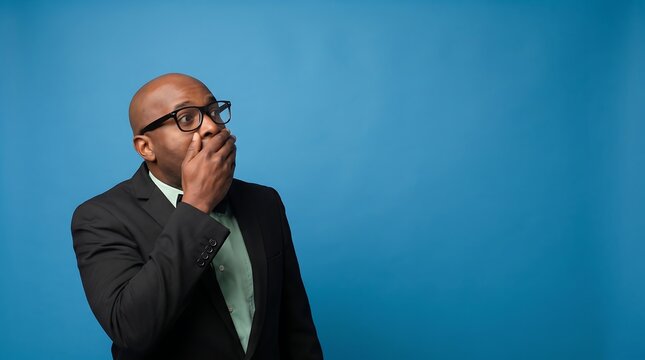 Shocked man in suit covering his mouth on blue background