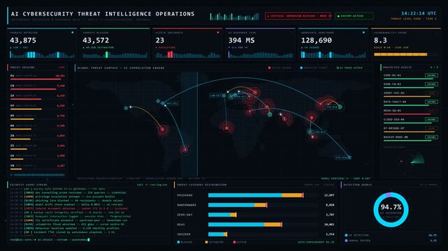 Experience a high-tech AI cybersecurity command center featuring KPI metrics, world map threat visualization, and real-time security logs in a dark, immersive environment.
