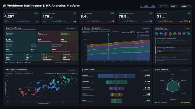 Experience a warm, human-centered AI workforce intelligence and HR analytics platform dashboard showcasing key performance indicators and insightful visualizations.