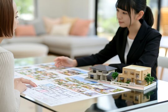 マイホームを検討する女性が不動産営業と住宅模型や間取り図を見る
