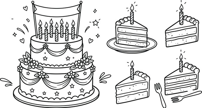 Birthday cake vector bundle,Birthday doodle icon element. Hand drawn sketch doodle birthday cake, balloon, event decoration element. Party, carnival celebration concept background. Vector illustration