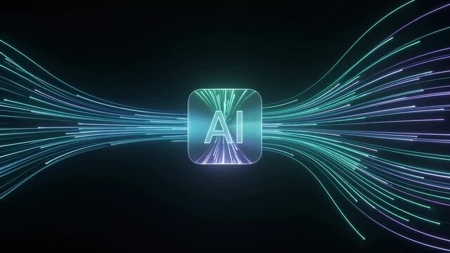 Abstract video footage of a glowing artificial intelligence icon with digital light trails representing data flow.