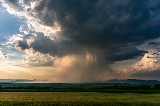 Dramatische Gewitterzelle mit massiver Regenwand &uuml;ber weiter Landschaft