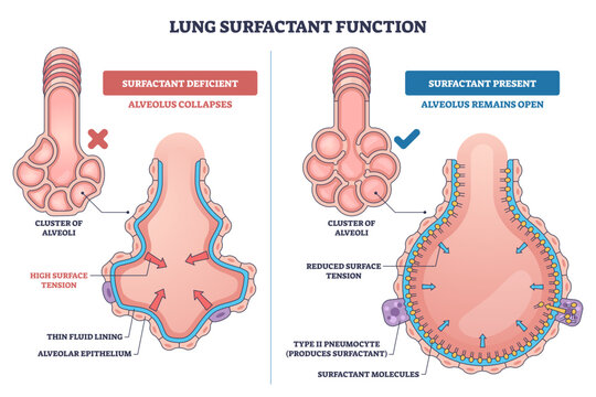 Lung surfactant function illustrated, comparison of open and collapsed alveolus, surfactant molecules and type II pneumocyte reduce surface tension to keep alveoli open, transparent background.