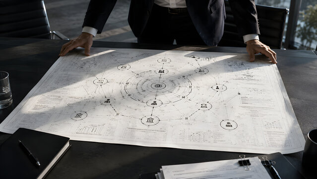 Businessman leaning over a large architectural blueprint on a boardroom table, analyzing a circular node network diagram with various organizational icons.