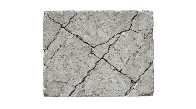 Square concrete block with deep cracks isolated on transparent background