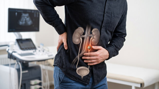 Kidney stone causing urinary tract pain, renal colic and ureter obstruction, medical healthcare concept