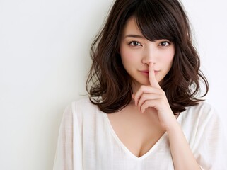 Fototapeta premium 人差し指を口元に当てて秘密の合図をする美しい若い日本人女性のポートレート
