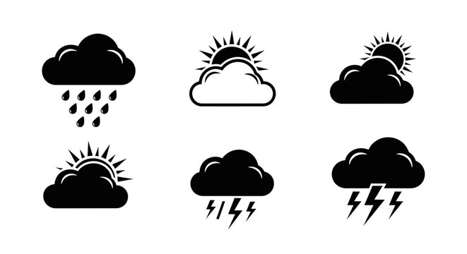 Weather forecast icons set black cloud with six black weather icons white background thunderstorm meteorology conditions graphic climate with symbol