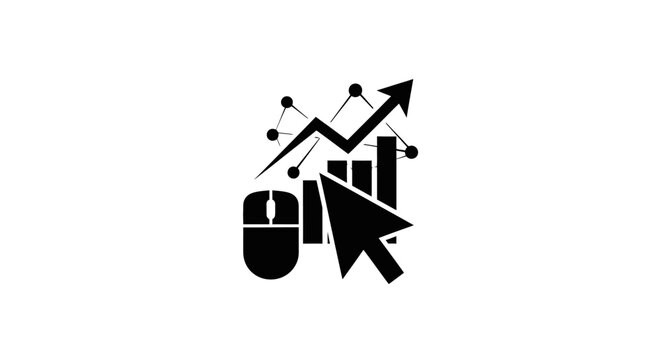 Black graphic design of computer mouse with arrow with statistics analytics business analysis increase finance growth report symbol chart with trend