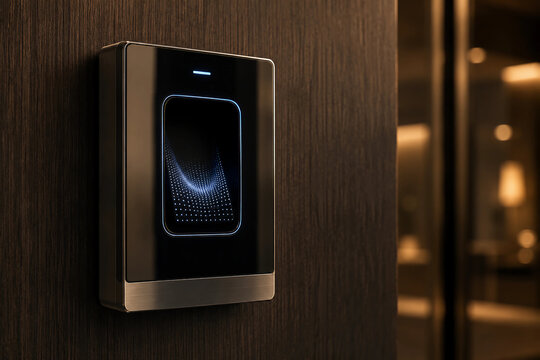 Modern electronic access control reader mounted on a dark wooden wall inside