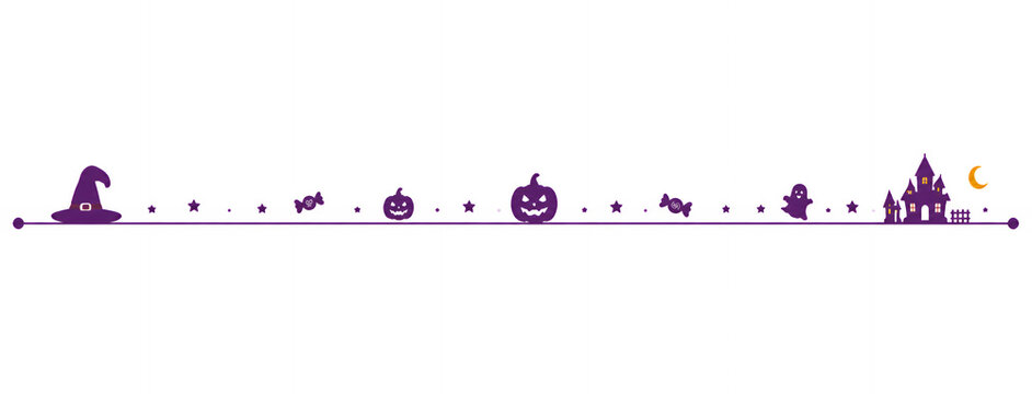 ハロウィンの魔女帽子とかぼちゃとお城のパープルライン飾り罫素材