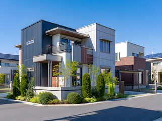 Fototapeta premium 青空と緑of植栽に囲まれたおしゃれなモダンデザインの新築一戸建て住宅外観