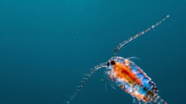 Colorful translucent copepod zooplankton underwater with copy space