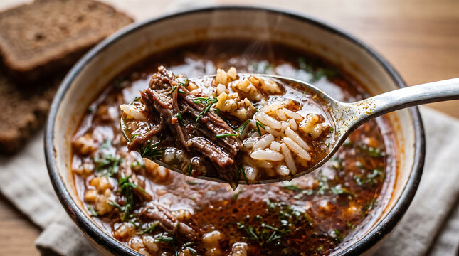 Spoonful of Hearty Georgian Kharcho Beef and Rice Soup with Herbs in Ceramic Bowl Close-Up