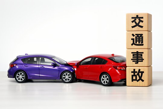 交通事故の文字が書かれた木製ブロックとミニカーが衝突する事故のイメージ