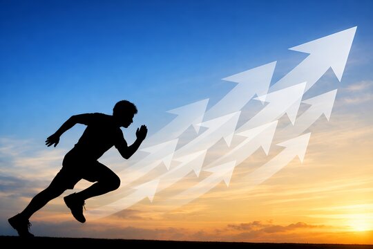 夕日を背景に走る男性のシルエットと上昇する矢印で表現するビジネスの成長