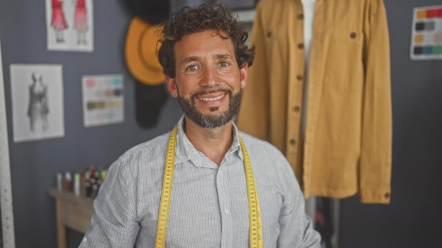 Man dressmaker smiles with measuring tape around neck in studio with garments and sketches on wall; confidence craftsmanship.