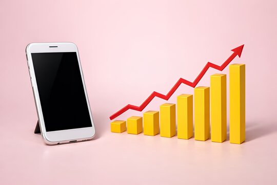 スマートフォンと右肩上がりのグラフで売上増加やビジネスの成長を表現した画像