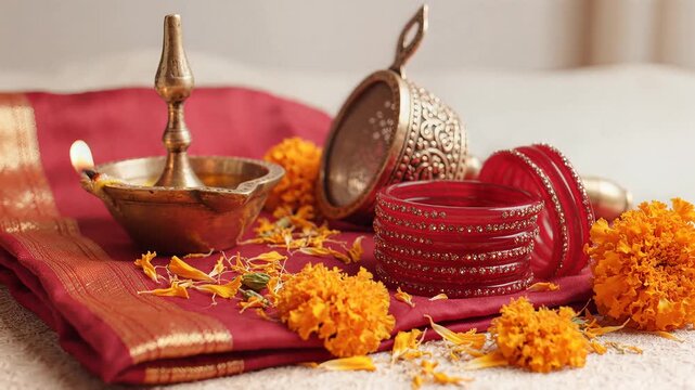Karwa chauth celebration items with red saree bangles and diya lamp