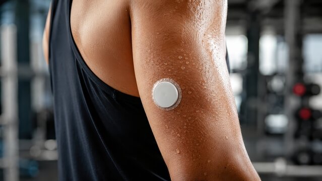 Athlete with continuous glucose monitor sensor on sweaty arm for diabetes care