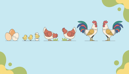 Fototapeta premium Educational illustration showing the life cycle stages of a chicken from egg to chick, young hen, and mature rooster.