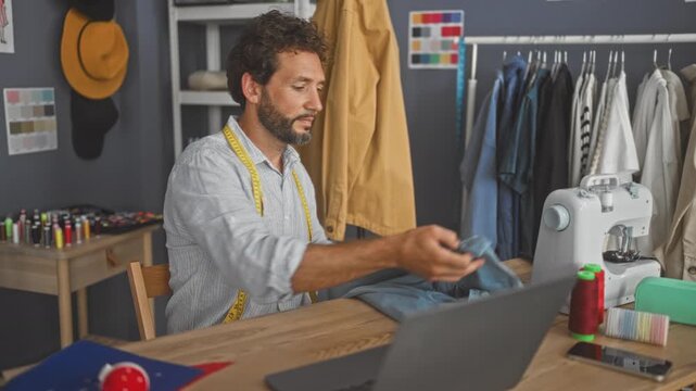 Man dressmaker folds blue shirt on table with sewing machine and measuring tape in a studio; focused craftsmanship.