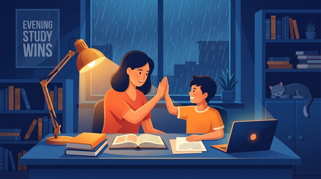 Mother And Son High Five Doing Homework