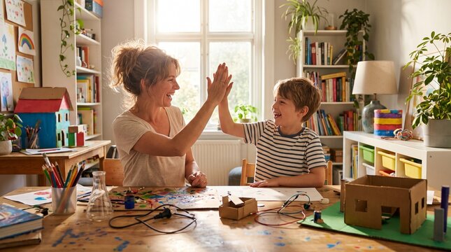Mother and Son Sharing a High Five at Home