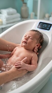 Newborn baby receiving gentle bath in digital smart tub supported by adult hands