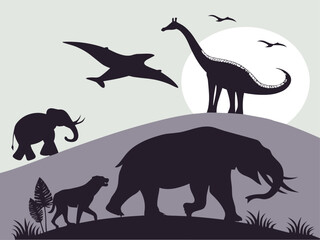 Silhouette illustration featuring prehistoric dinosaurs and wild elephants walking in a scenic landscape under a large moon © Beauti Rani Roy