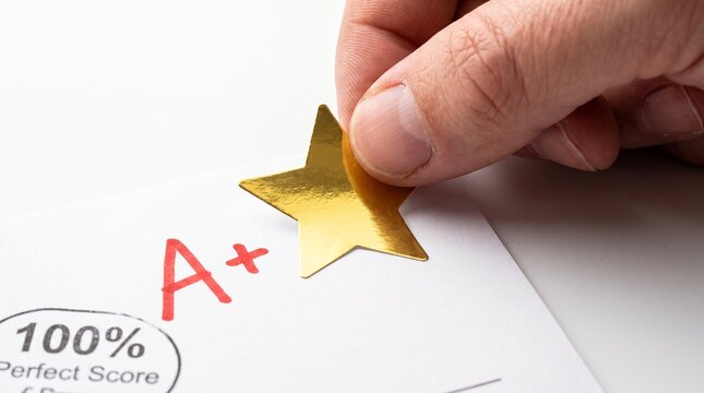 Teacher Placing Gold Star On A Plus Paper